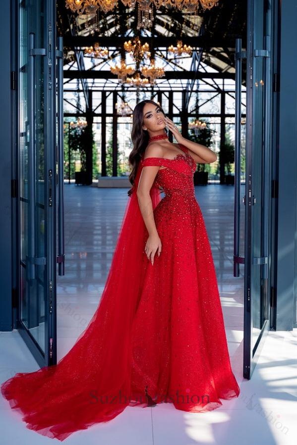 Suzhoufashion Red Prom Dress A Line Beaded Off the Shoulder Formal Dress with Neck Train
