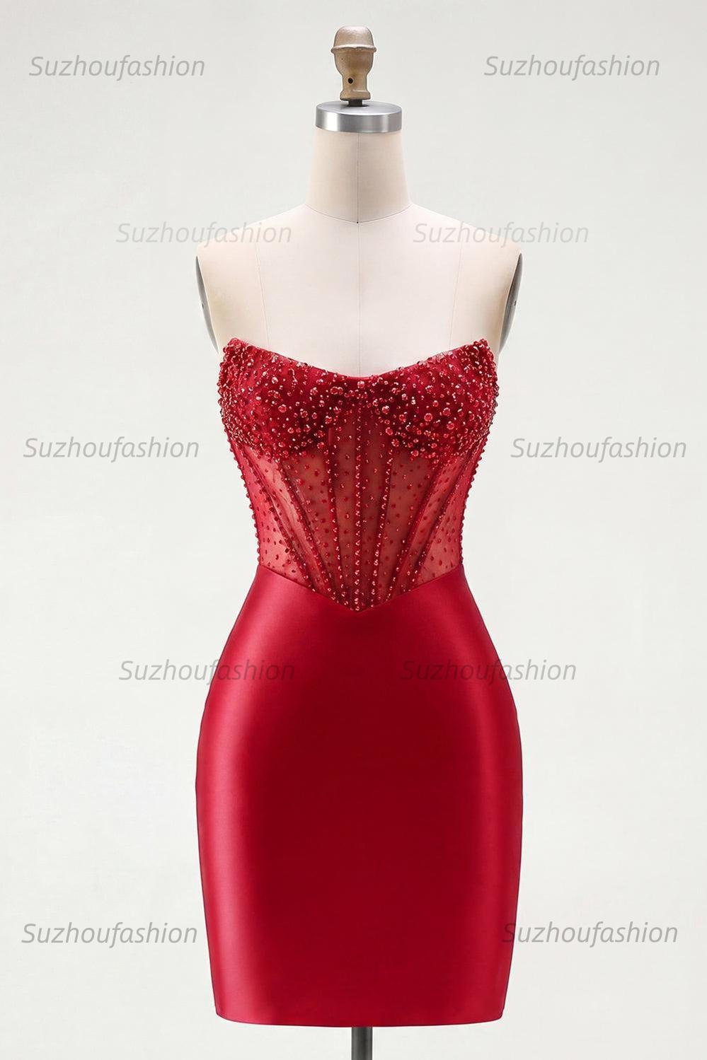 Suzhoufashion Red Strapless Corset Tight Short Homecoming Dress with Rhinestones
