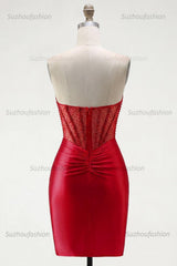 Suzhoufashion Red Strapless Corset Tight Short Homecoming Dress with Rhinestones