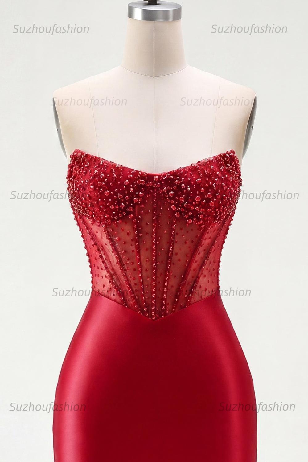 Suzhoufashion Red Strapless Corset Tight Short Homecoming Dress with Rhinestones