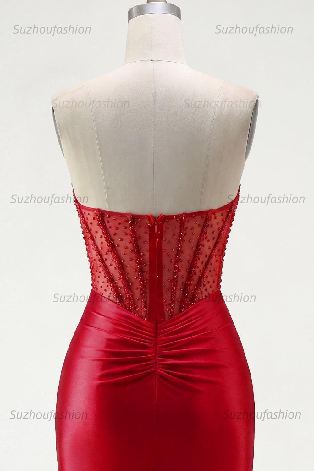 Suzhoufashion Red Strapless Corset Tight Short Homecoming Dress with Rhinestones