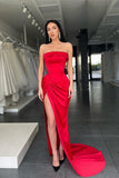 Suzhoufashion Red Strapless Long Evening Prom Dresses Mermaid With Slit