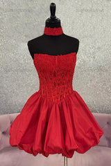 Suzhoufashion Red Strapless Satin A-Line Corset Short Homecoming Dress with Appliques