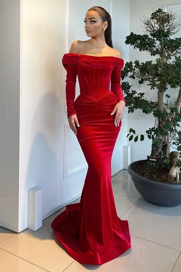 Suzhoufashion Red Velvet Formal Dress Mermaid Long Sleeve Christmas Party Dress