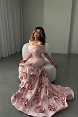 Suzhoufashion Romantic Off-Shoulder Pink Mermaid Prom Dress With Floral Train Formal Evening Gown