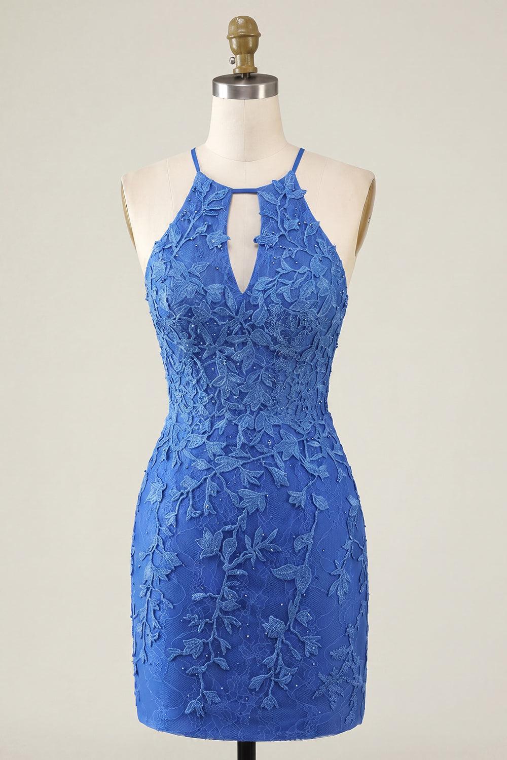 Suzhoufashion Royal Blue Lace Appliqué Beaded Halter Tight Short Homecoming Dress