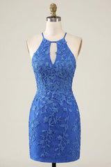 Suzhoufashion Royal Blue Lace Appliqué Beaded Halter Tight Short Homecoming Dress