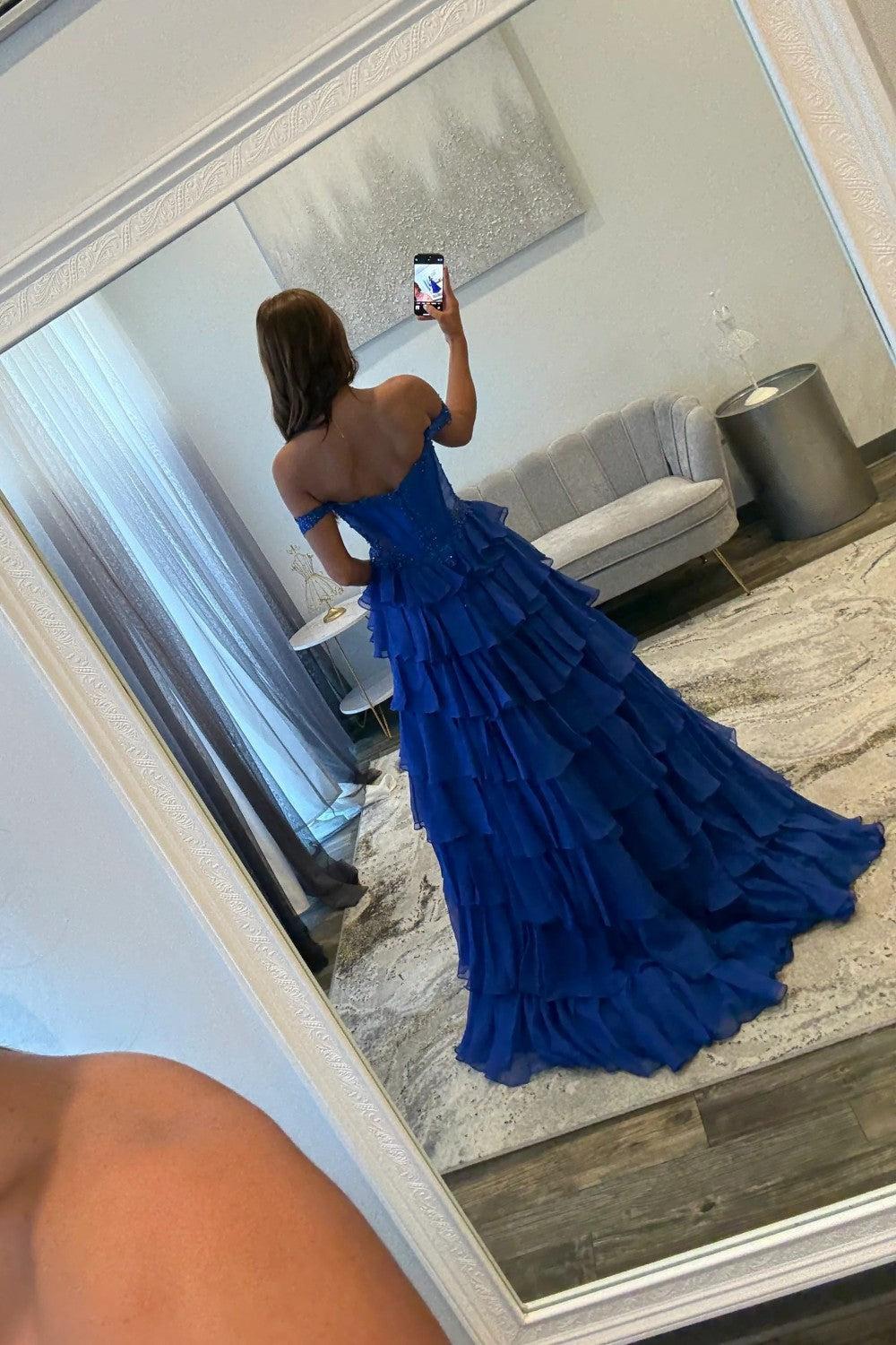 Suzhoufashion Royal Blue Off Shoulder Sweetheart Prom Dress With Beaded Illusion Bodice And Layered Ruffle Slit Skirt Formal Evening Gown