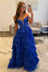 Suzhoufashion Royal Blue Off Shoulder Sweetheart Prom Dress With Beaded Illusion Bodice And Layered Ruffle Slit Skirt Formal Evening Gown