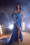 Suzhoufashion Royal Blue One Shoulder Long Sleeves Evening Dress Mermaid Slit With Beads