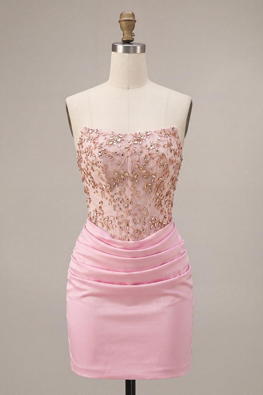 Suzhoufashion Ruched Pink Short Corset Homecoming Dress with Rhinestones