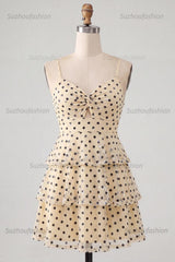 Suzhoufashion Ruffled A Line Keyhole Champagne Black Dot Short Homecoming Dress