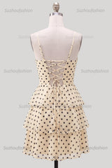 Suzhoufashion Ruffled A Line Keyhole Champagne Black Dot Short Homecoming Dress