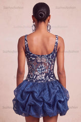 Suzhoufashion Ruffled Beaded Navy Bubble A Line Floral Mini Homecoming Dress