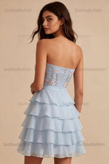 Suzhoufashion Ruffled Sky Blue Floral Tiered A Line Short Homecoming Dress with Bow