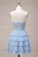 Suzhoufashion Ruffled Sky Blue Floral Tiered A Line Short Homecoming Dress with Bow