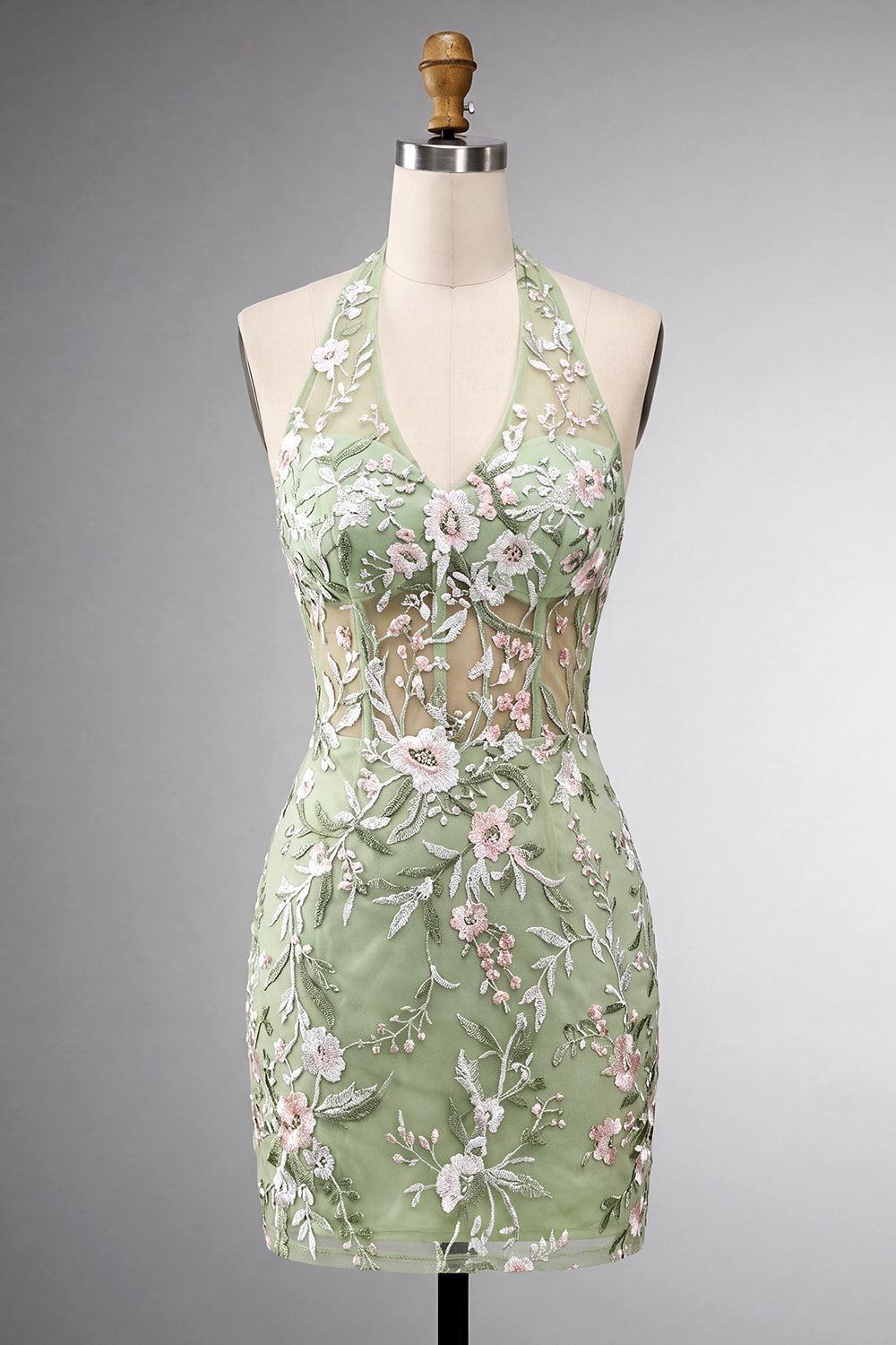 Suzhoufashion Sage Green Floral Halter Corset Tight Short Homecoming Dress