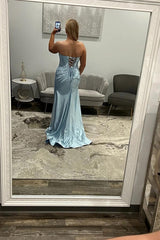 Suzhoufashion Satin Light Blue Prom Dress Corset Sweetheart Mermaid Long Formal Dress With Slit