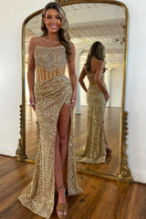 Suzhoufashion Sequin Strapless Mermaid Prom Dress With Long Silhouette And Front Slit Formal Evening Gown