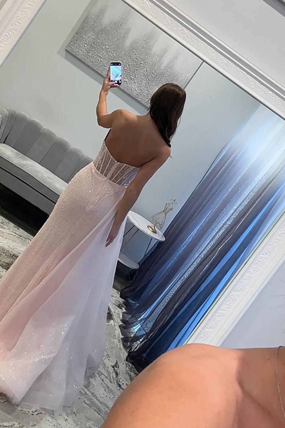 Suzhoufashion Sequins Floral Mermaid Prom Dress Corset Light Pink Long Formal Dress With Side Cape