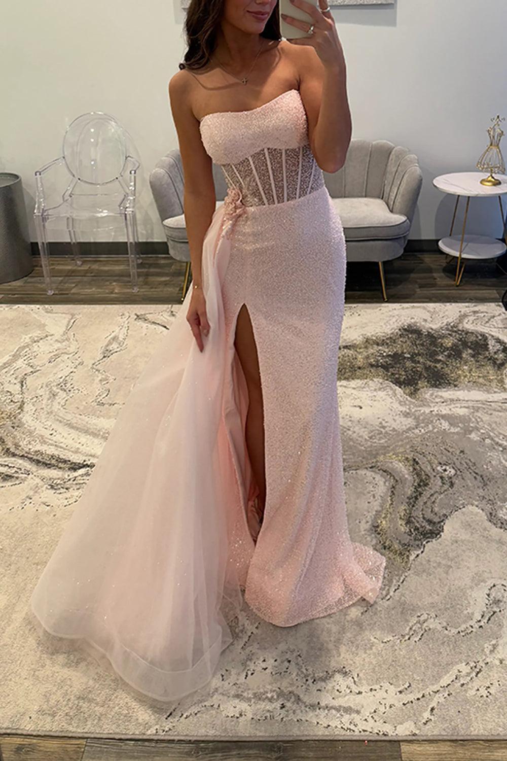 Suzhoufashion Sequins Floral Mermaid Prom Dress Corset Light Pink Long Formal Dress With Side Cape