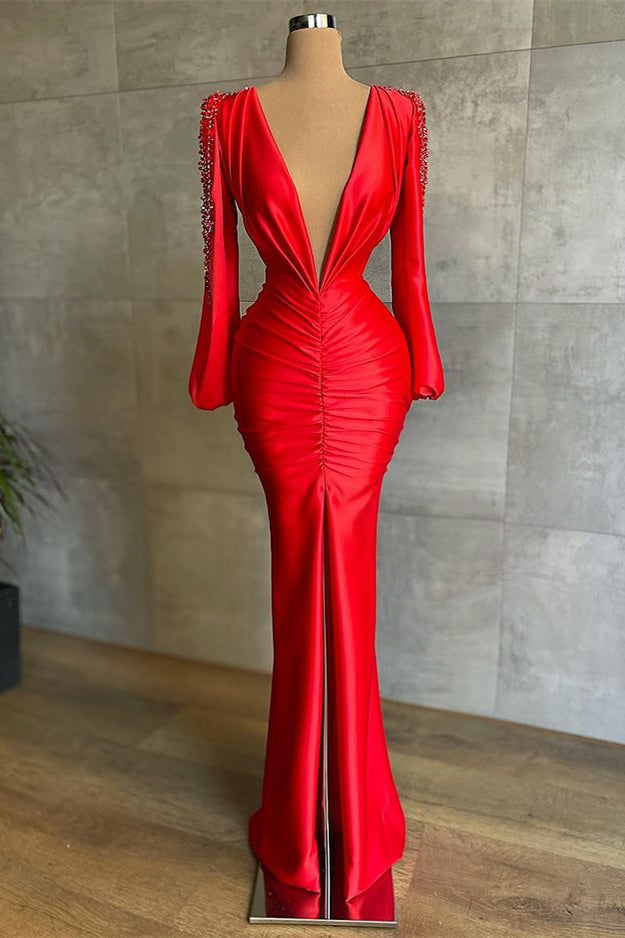 Suzhoufashion Sexy Deep V-Neck Red Long Sleeves Evening Prom Dresses Mermaid
