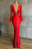 Suzhoufashion Sexy Deep V-Neck Red Long Sleeves Evening Prom Dresses Mermaid