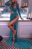 Suzhoufashion Sexy Green Long Sleeve Slit Evening Prom Dresses Long Sequins Beadings