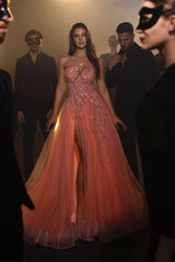 Suzhoufashion Sexy Long A-line Pink Sleeveless One-Shoulder Tulle Evening Gowns With Rhinestone