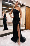 Suzhoufashion Sexy Long Black One Shoulder Glitter Mermaid Evening Gowns With Slit