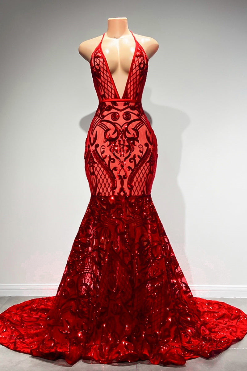 Suzhoufashion Sexy Long Red V-neck Lace Sleeveless Mermaid Prom Dress Halter Backless