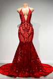 Suzhoufashion Sexy Long Red V-neck Lace Sleeveless Mermaid Prom Dress Halter Backless