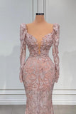 Suzhoufashion Sexy Pink V-neck Lace Mermaid Prom Dress Evening Gowns With Long Sleeves