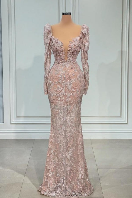 Suzhoufashion Sexy Pink V-neck Lace Mermaid Prom Dress Evening Gowns With Long Sleeves