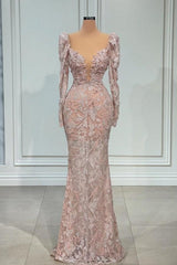 Suzhoufashion Sexy Pink V-neck Lace Mermaid Prom Dress Evening Gowns With Long Sleeves