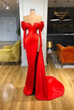 Suzhoufashion Sexy Red Long Sleeves Mermaid Evening Prom Dresses Off-the-Shoulder With Slit