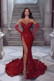Suzhoufashion Sexy V-neck Sleeveless Sequined Mermaid Evening Dresses With Slit Long Red Glitter