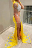 Suzhoufashion Sexy Yellow Jewel Long Lace Sleeveless Mermaid Prom Dresses With Slit