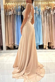 Suzhoufashion Simple Lace Sleeveless Evening Dresses With Slit Long Champagne A-line