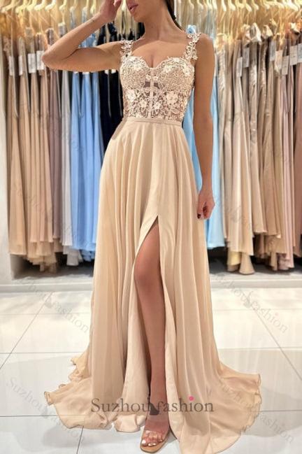 Suzhoufashion Simple Lace Sleeveless Evening Dresses With Slit Long Champagne A-line
