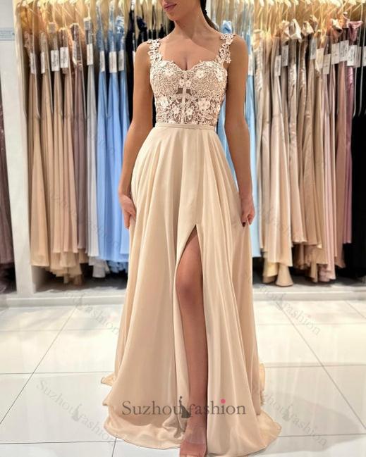 Suzhoufashion Simple Lace Sleeveless Evening Dresses With Slit Long Champagne A-line