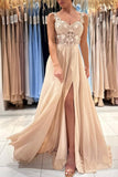 Suzhoufashion Simple Lace Sleeveless Evening Dresses With Slit Long Champagne A-line