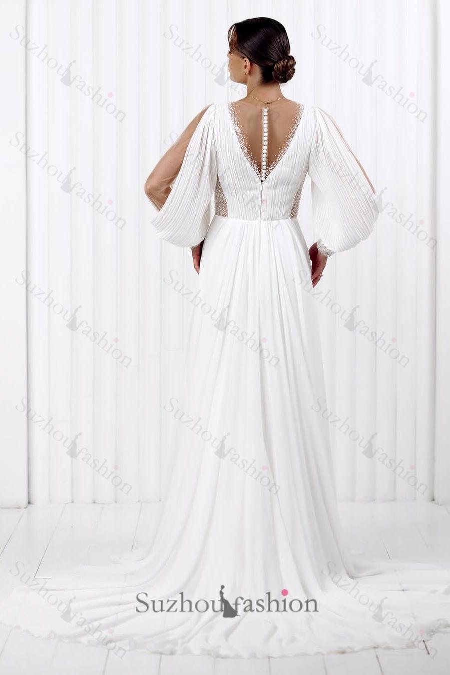 Suzhoufashion Simple Long Sleeve Beach Wedding Dress Chiffon A Line Boho Bridal Gown