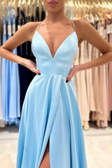 Suzhoufashion Simple V-neck Sleeveless Satin Evening Dress With Slit Long Blue A-line