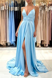 Suzhoufashion Simple V-neck Sleeveless Satin Evening Dress With Slit Long Blue A-line