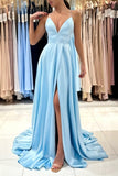 Suzhoufashion Simple V-neck Sleeveless Satin Evening Dress With Slit Long Blue A-line