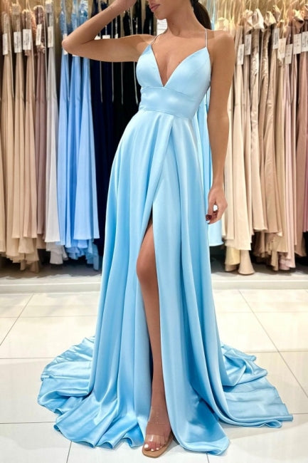 Suzhoufashion Simple V-neck Sleeveless Satin Evening Dress With Slit Long Blue A-line