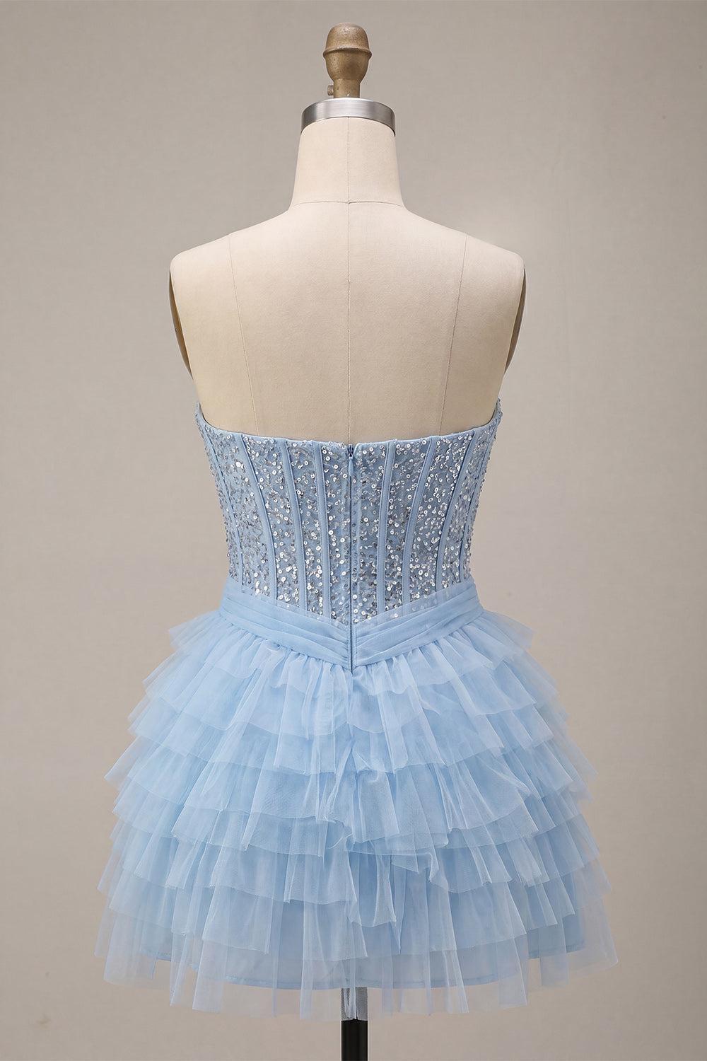Suzhoufashion Sky Blue Corset Tiered Sequin Ruffled Short Homecoming Dress