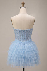 Suzhoufashion Sky Blue Corset Tiered Sequin Ruffled Short Homecoming Dress