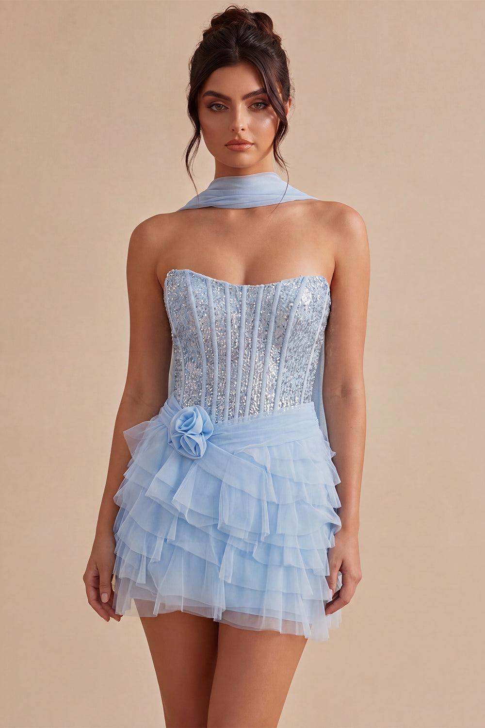 Suzhoufashion Sky Blue Corset Tiered Sequin Ruffled Short Homecoming Dress